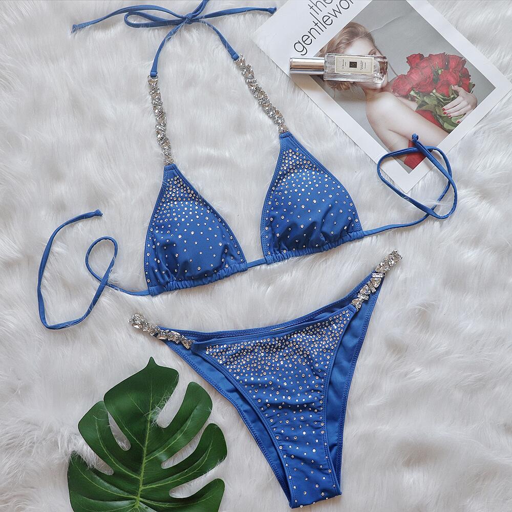 Sexy Hot Diamond Split Women's Swimsuit Solid Color Strappy Bikini Swimsuit