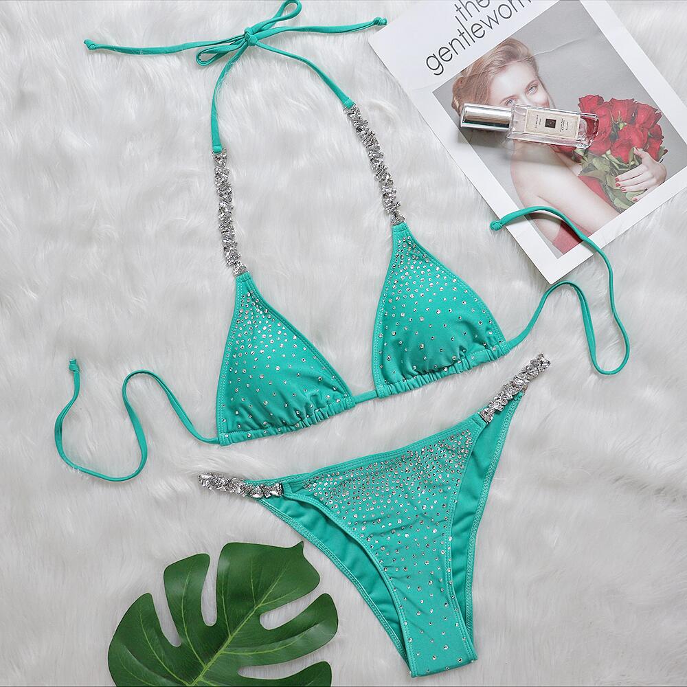 Sexy Hot Diamond Split Women's Swimsuit Solid Color Strappy Bikini Swimsuit