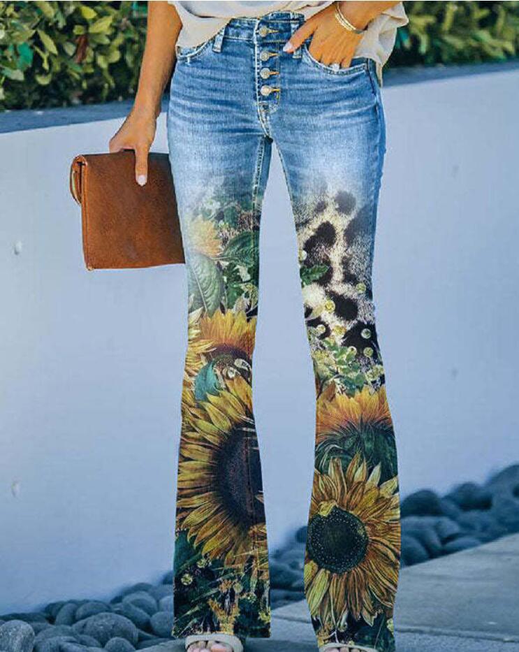 Large Size Floral Print Four-buttonJeans