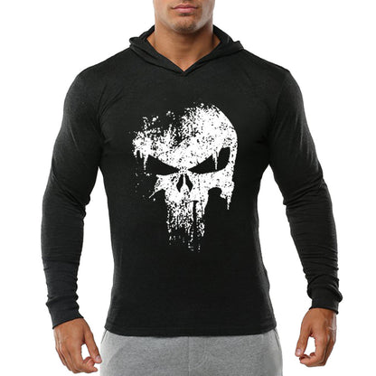 Cross-border Exclusively For Spring And Autumn Men&#039;s Fitness Sports Long-sleeved Cotton European Size Half-ghost Print Hooded Long-sleeved Sweater