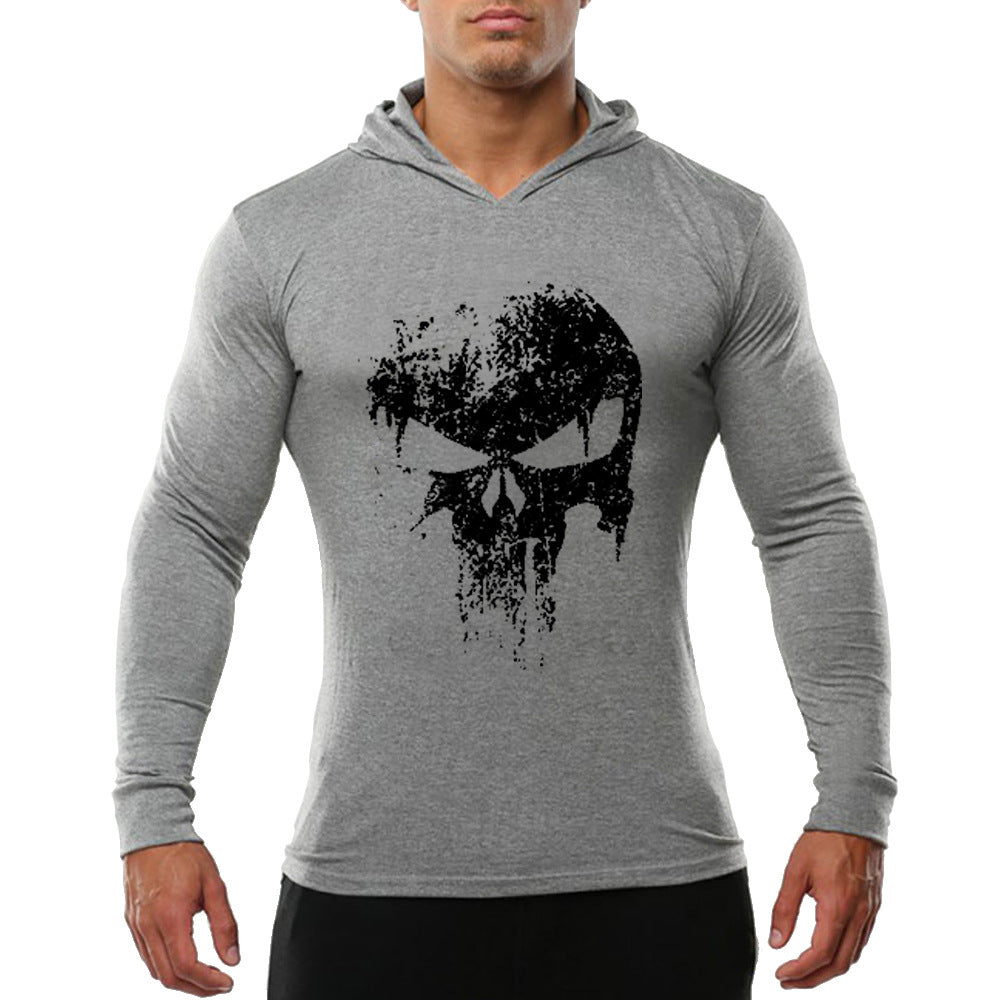 Cross-border Exclusively For Spring And Autumn Men&#039;s Fitness Sports Long-sleeved Cotton European Size Half-ghost Print Hooded Long-sleeved Sweater