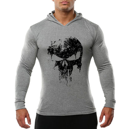 Cross-border Exclusively For Spring And Autumn Men&#039;s Fitness Sports Long-sleeved Cotton European Size Half-ghost Print Hooded Long-sleeved Sweater
