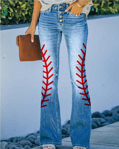 Large Size Floral Print Four-buttonJeans