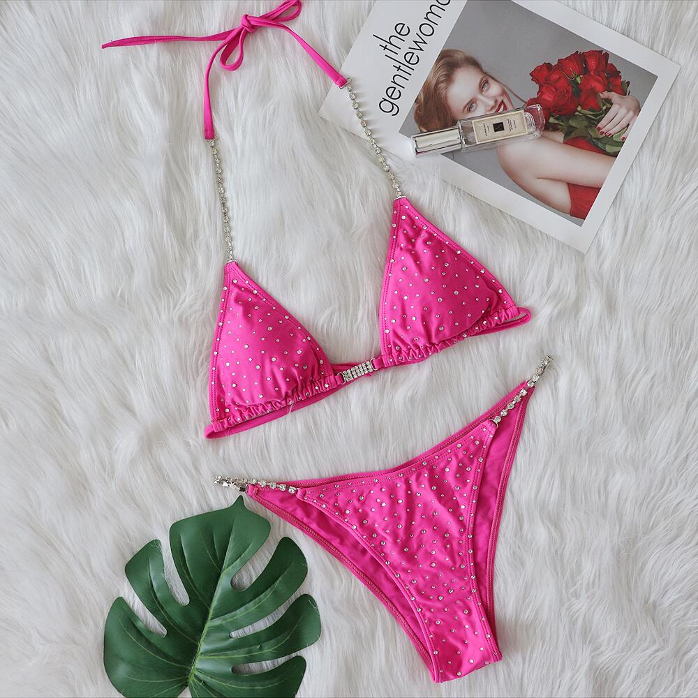 Sexy Crystal Diamond Chain Split Women's Swimsuit Solid Color Strappy Bikini