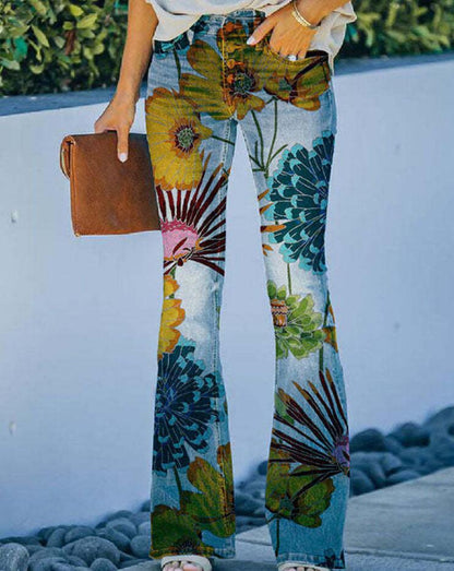 Large Size Floral Print Four-buttonJeans