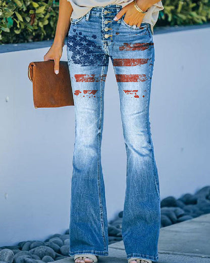 Large Size Floral Print Four-buttonJeans