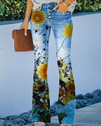 Large Size Floral Print Four-buttonJeans