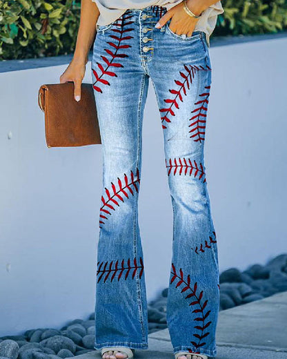 Large Size Floral Print Four-buttonJeans