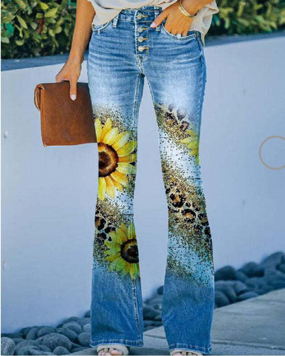 Large Size Floral Print Four-buttonJeans