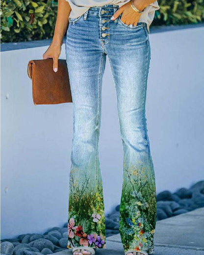 Large Size Floral Print Four-buttonJeans