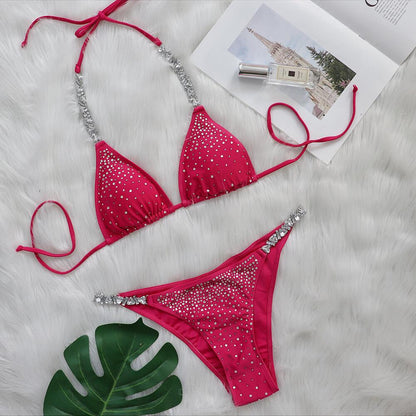 Sexy Hot Diamond Split Women's Swimsuit Solid Color Strappy Bikini Swimsuit