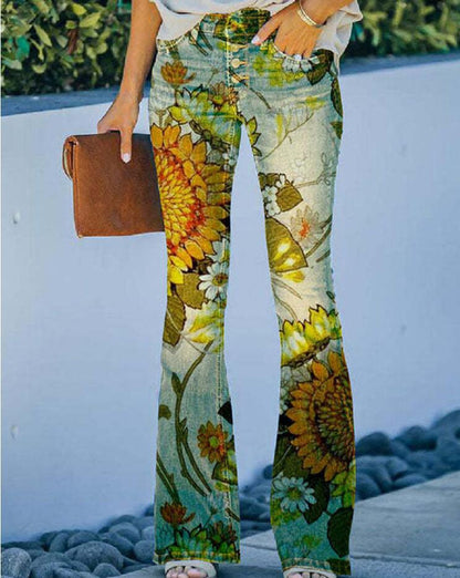 Large Size Floral Print Four-buttonJeans