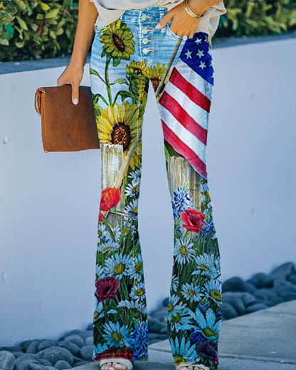 Large Size Floral Print Four-buttonJeans