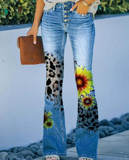 Large Size Floral Print Four-buttonJeans