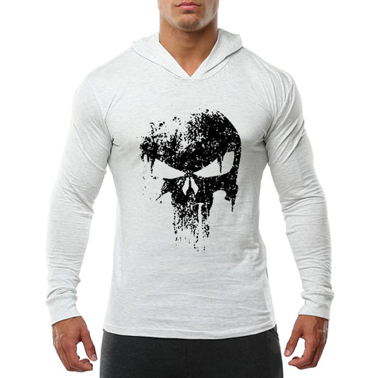 Cross-border Exclusively For Spring And Autumn Men&#039;s Fitness Sports Long-sleeved Cotton European Size Half-ghost Print Hooded Long-sleeved Sweater