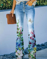 Large Size Floral Print Four-buttonJeans